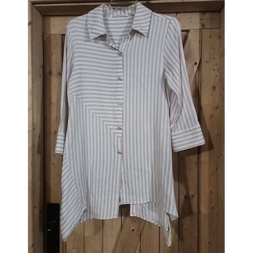 Soft Surroundings‎ Asymmetrical Tunic beige white Stripe Lagenlook Buttons XS